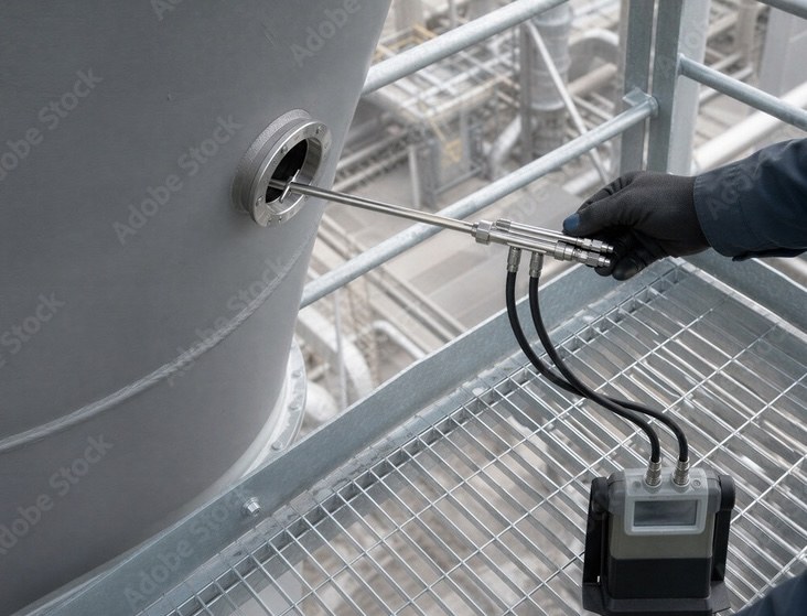 Technician inserting a portable emission analyzer probe into a factory stack sampling port