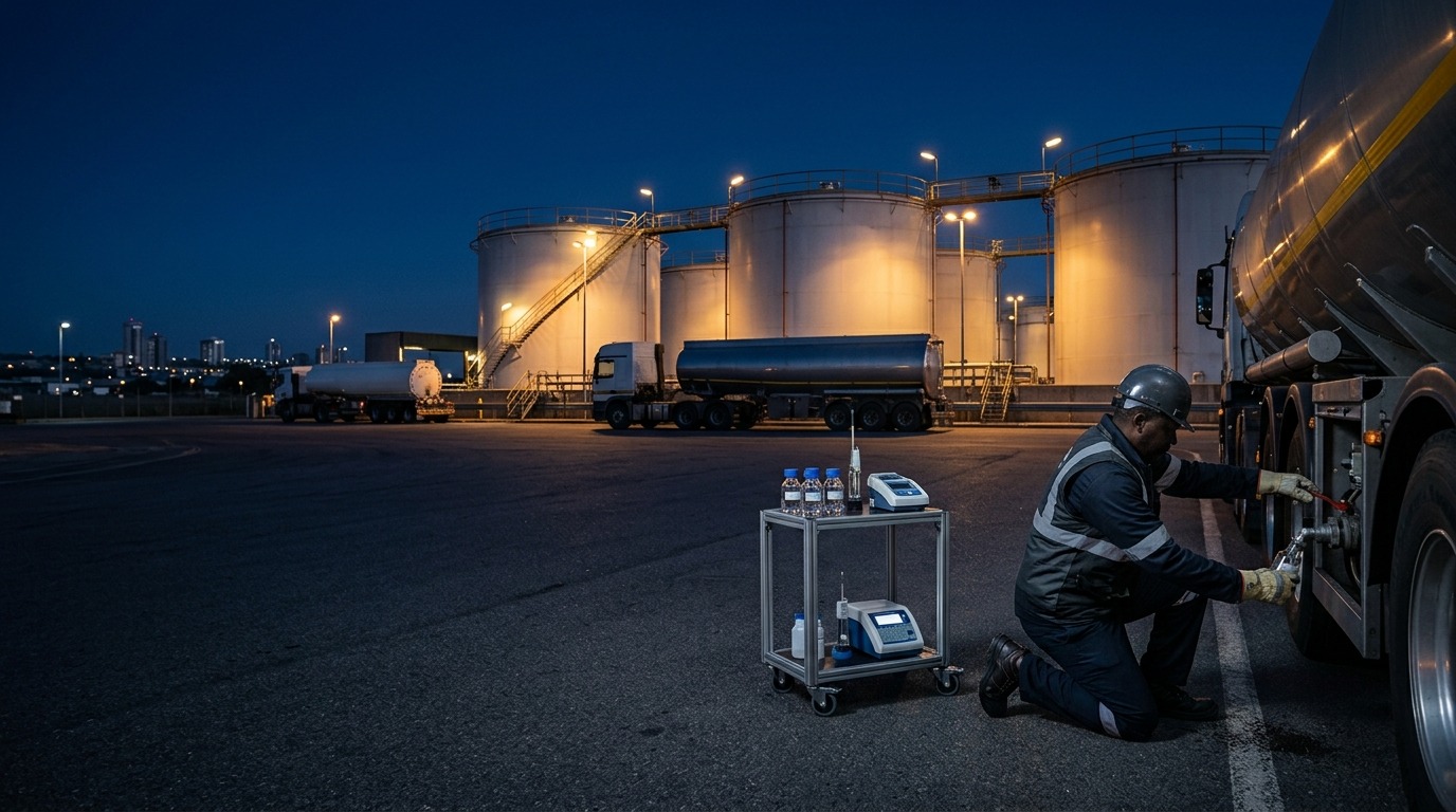 Technician drawing a fuel sample from a tanker at a storage terminal at night