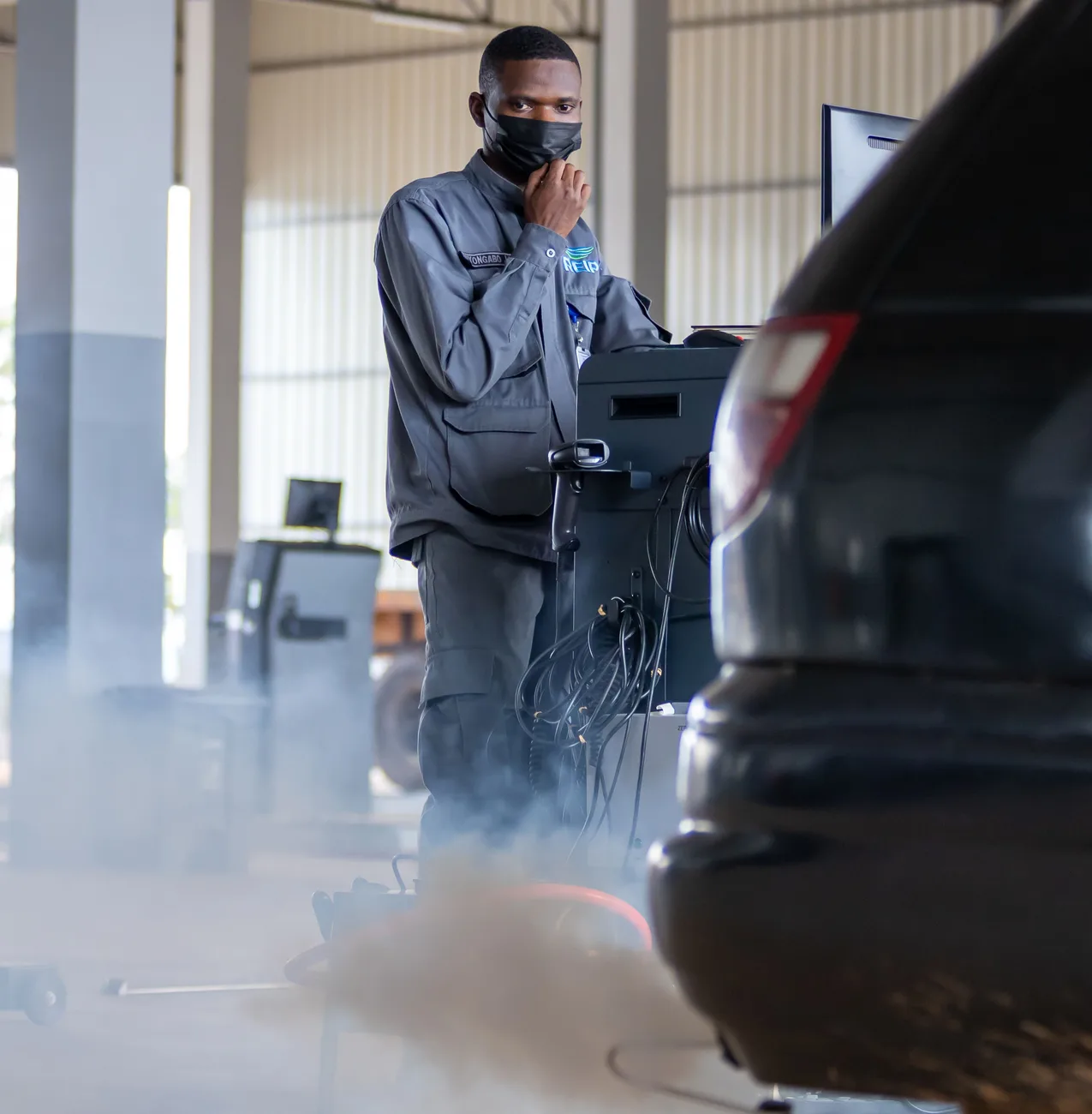 Tailpipe emission test in progress